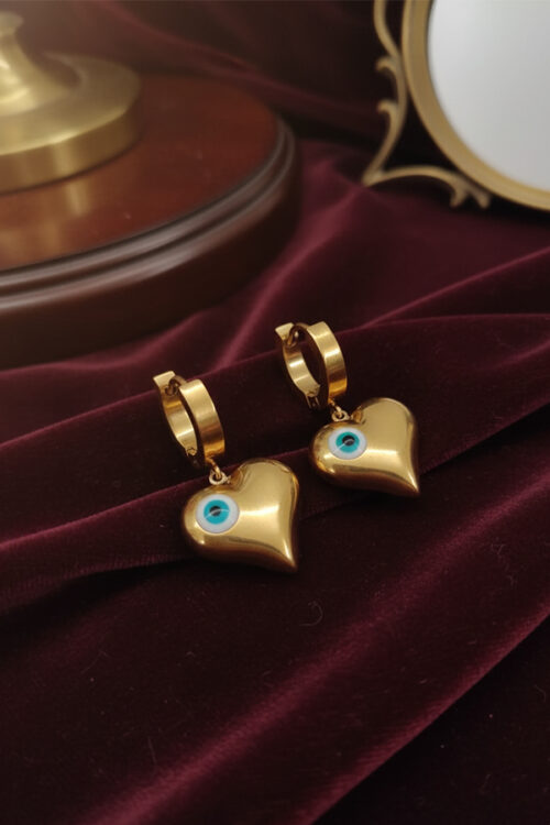Golden Heart Evil Eye Earrings – Symbol of Love and Protection