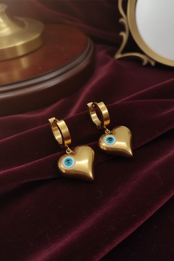 Golden Heart Evil Eye Earrings – Symbol of Love and Protection