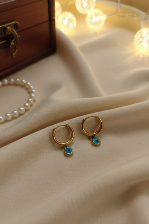 Elegant Gold Hoop Earrings with Mini Evil Eye Charm