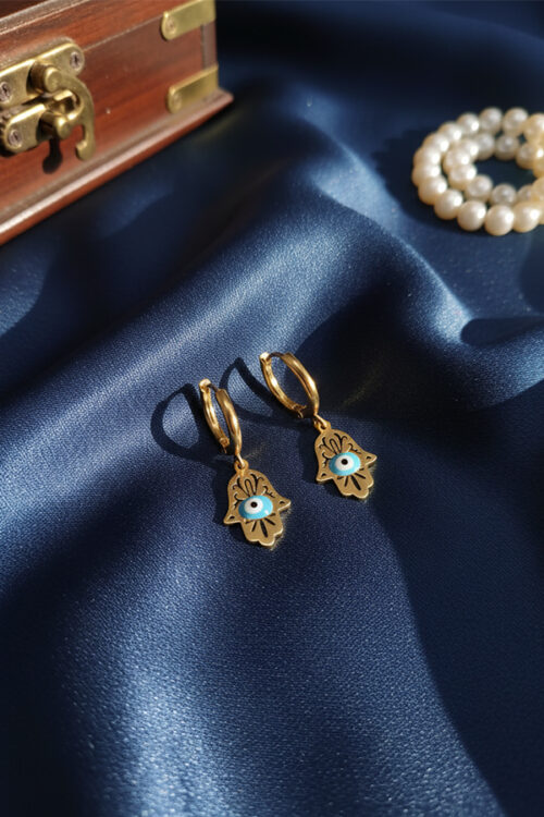 Gold Hamsa Hand Evil Eye Drop Earrings