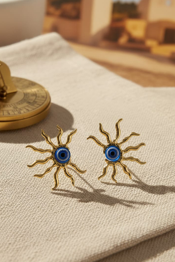 Golden Sunburst Evil Eye Stud Earrings