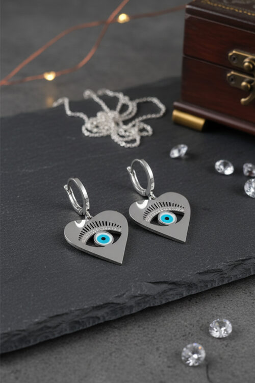 Silver Evil Eye Heart Earrings – Protection with Modern Elegance