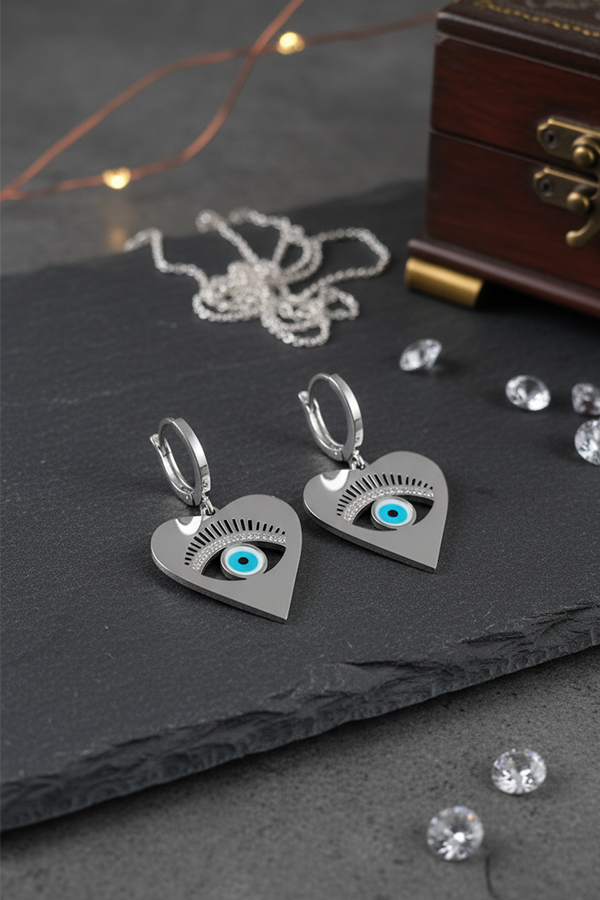 Silver Evil Eye Heart Earrings – Protection with Modern Elegance