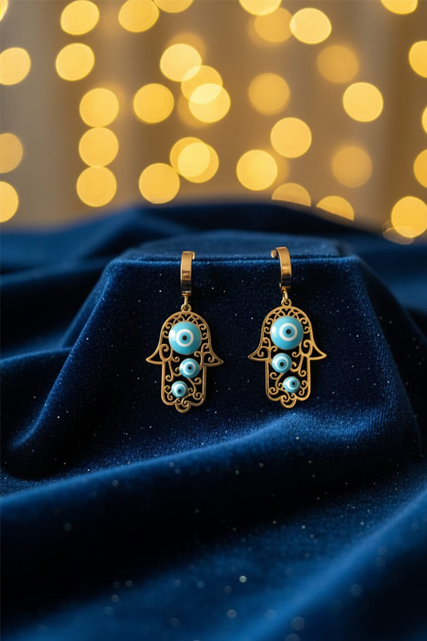 Golden Hamsa Evil Eye Earrings – Symbol of Protection & Positive Energy