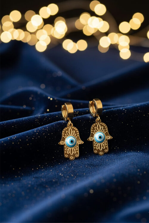 Golden Hamsa Evil Eye Drop Earrings – Guardian Charm of Elegance
