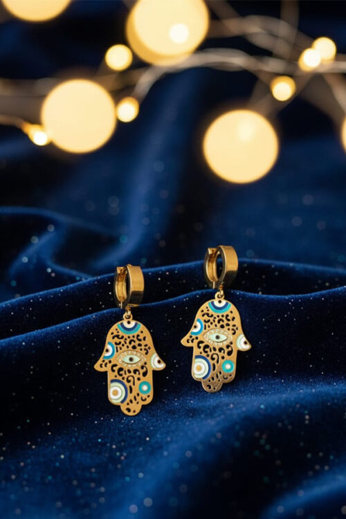 Golden Hamsa Hand Earrings – Boho Chic Evil Eye Protection Charm