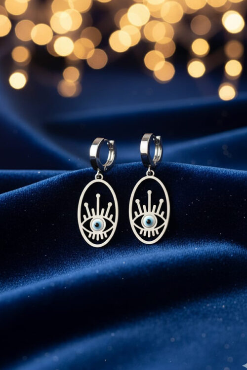 Silver Evil Eye Drop Earrings – Modern Minimalist Protection Charm