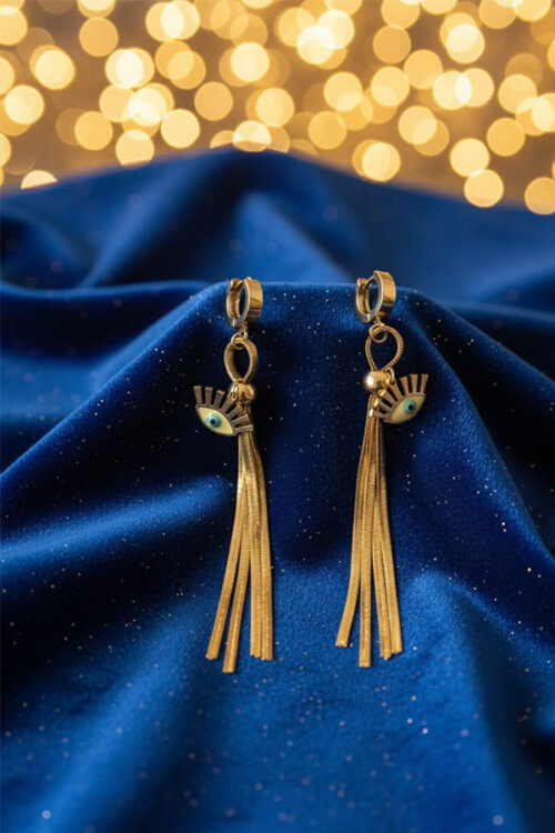 Golden Evil Eye Tassel Earrings – Statement Protection with Elegant Flow