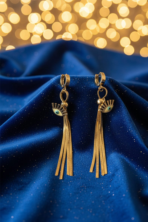 Golden Evil Eye Tassel Earrings – Statement Protection with Elegant Flow