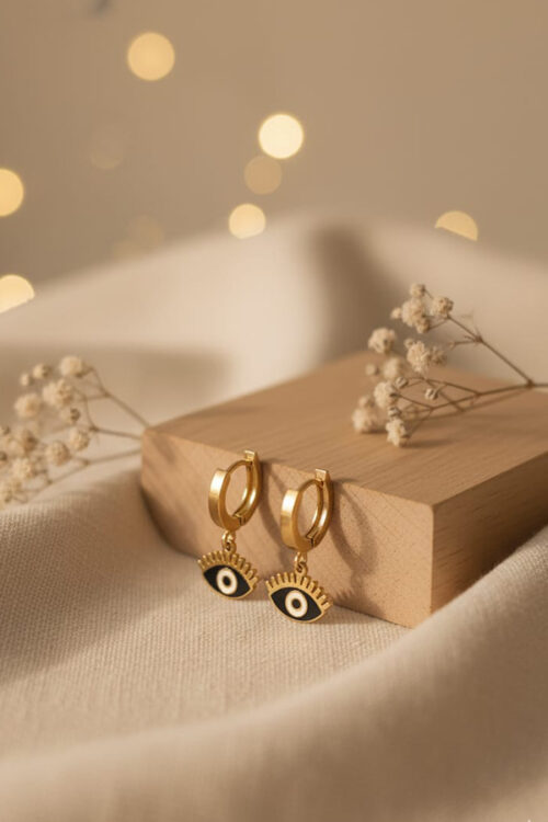 Golden Evil Eye Hoop Earrings – Elegant Black Enamel Protection Charm