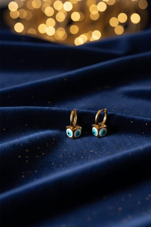 Golden Cube Evil Eye Hoop Earrings – Modern Charm with Timeless Protection