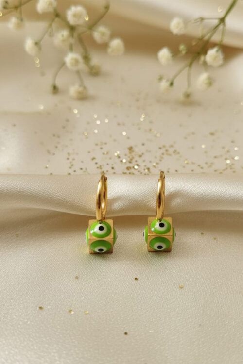 Green Cube Evil Eye Hoop Earrings – Modern Minimalist Protection Charm