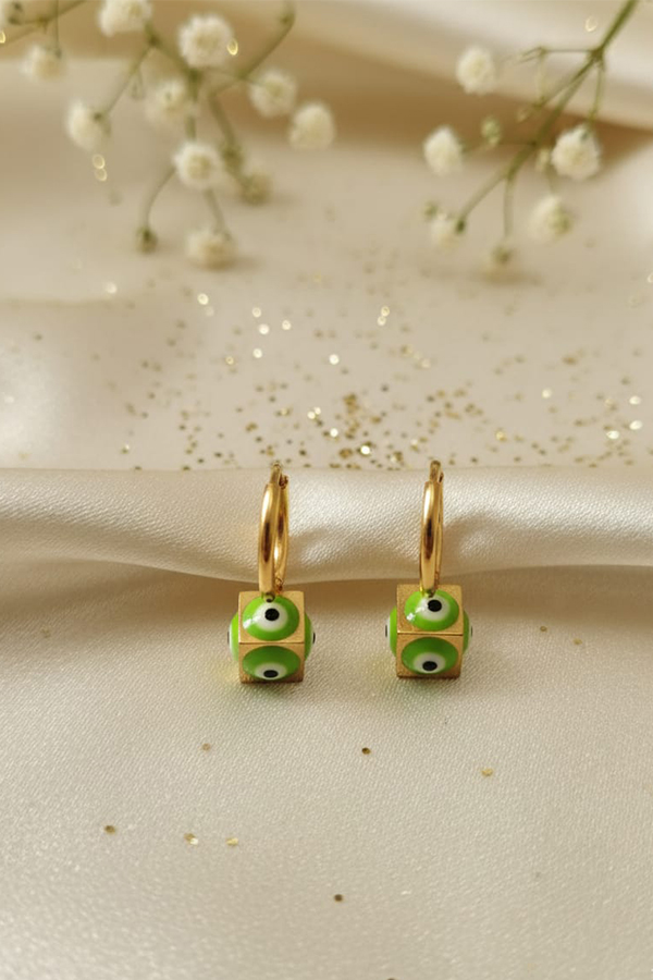 Green Cube Evil Eye Hoop Earrings – Modern Minimalist Protection Charm