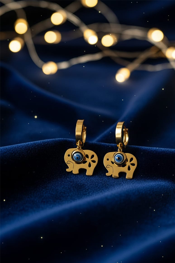 Golden Elephant Evil Eye Earrings – Symbol of Luck, Strength & Protection