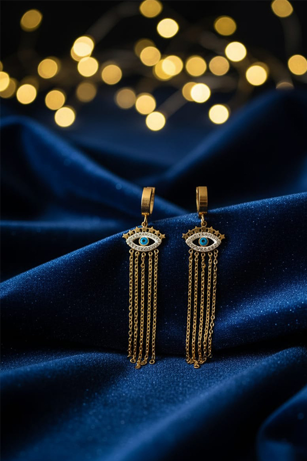 Golden Evil Eye Dangle Earrings with Chain Tassels