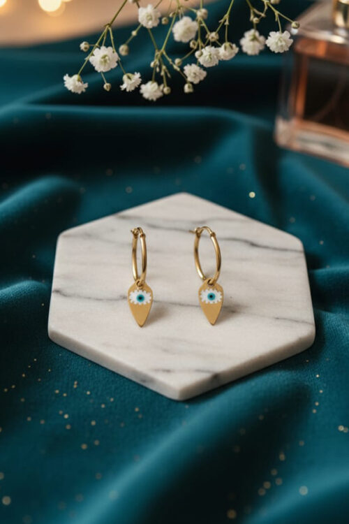 Golden Drop Evil Eye Hoop Earrings – Elegant Protection Charm