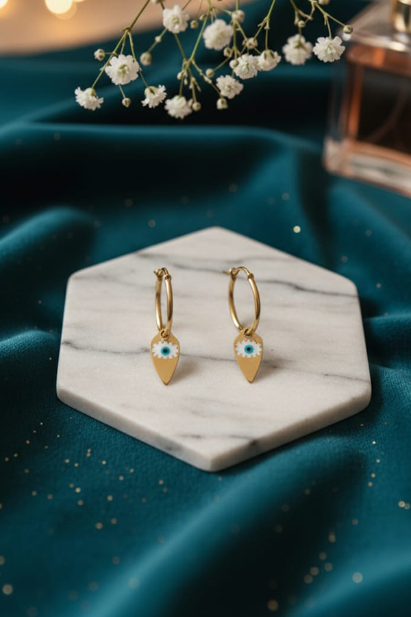 Golden Drop Evil Eye Hoop Earrings – Elegant Protection Charm