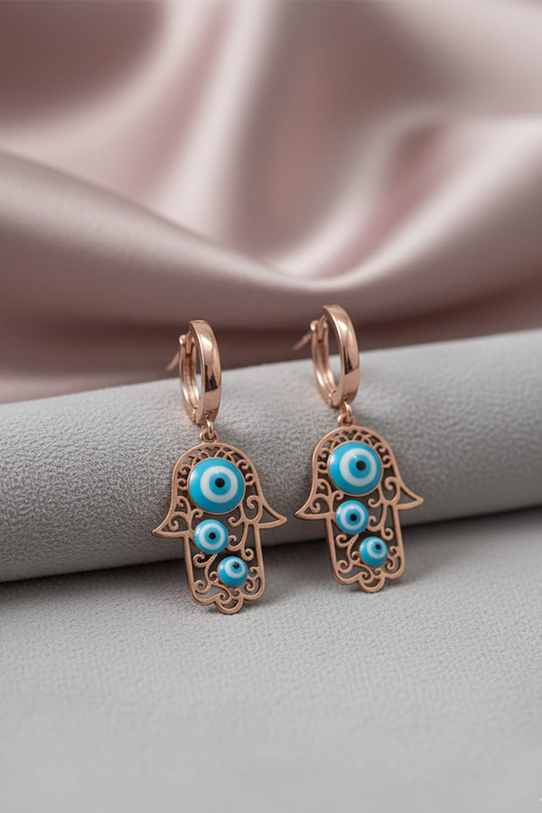 Rose Gold Hamsa Evil Eye Hoop Earrings – Symbol of Protection & Elegance