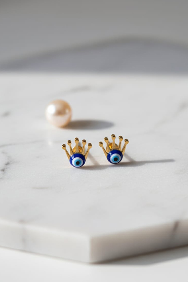 Golden Crown Evil Eye Stud Earrings – Royal Charm & Spiritual Protection