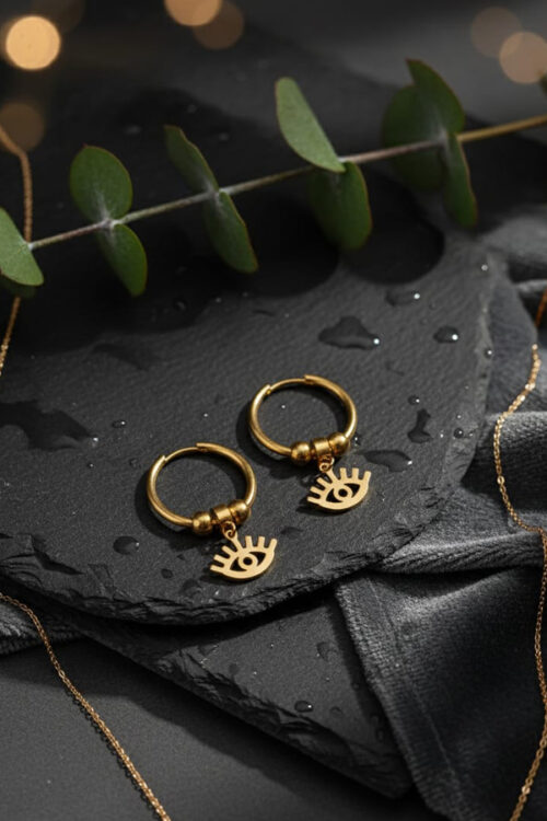 Golden Minimal Evil Eye Hoop Earrings – Modern Elegance & Protection