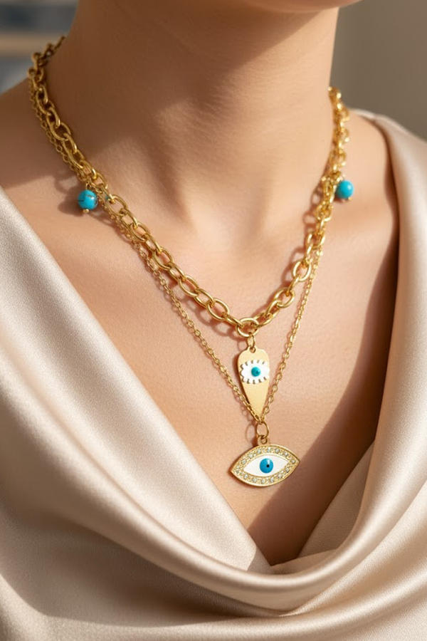 Luxurious Gold Layered Necklace with Bold Evil Eye Pendants & Turquoise Beads