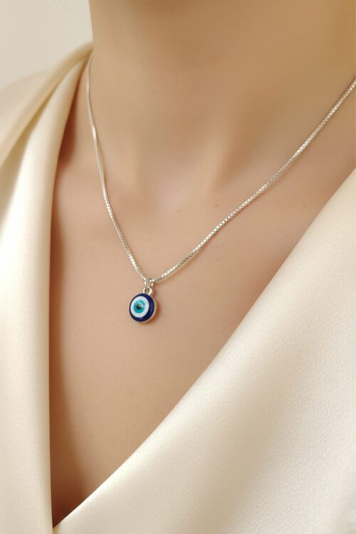 Classic Sterling Silver Chain Necklace with Blue Evil Eye Pendant