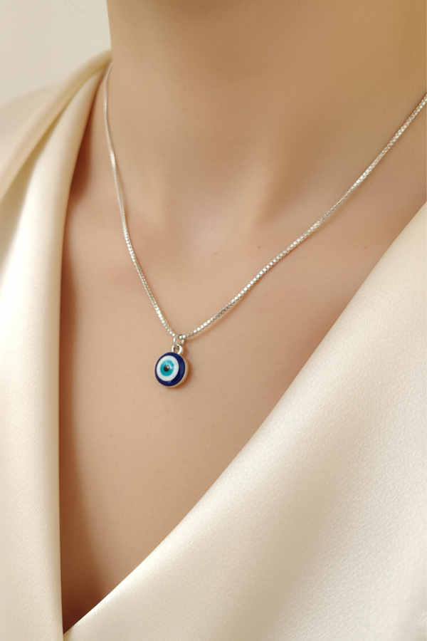 Classic Sterling Silver Chain Necklace with Blue Evil Eye Pendant