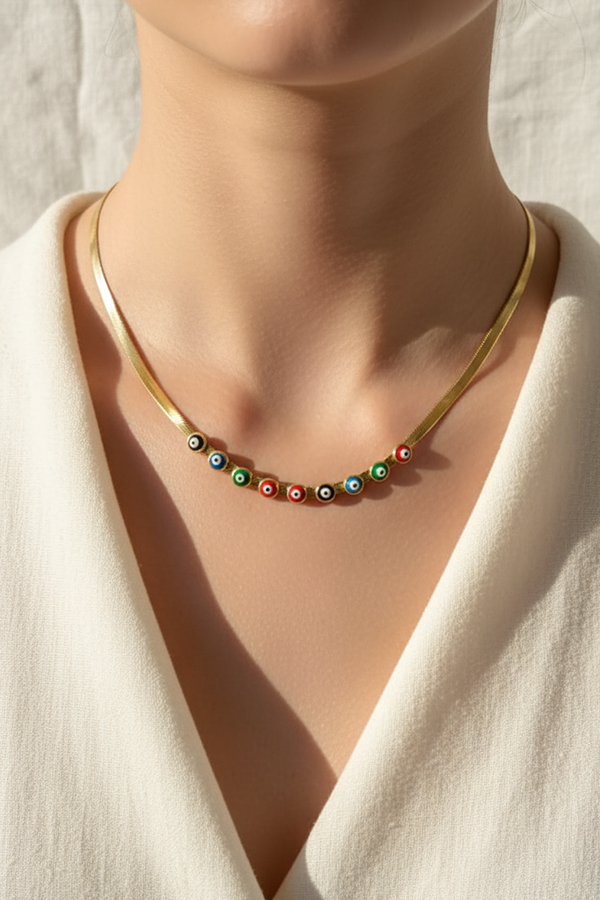 Chic Gold Snake Chain Necklace with Multi-Colored Evil Eye Necklace