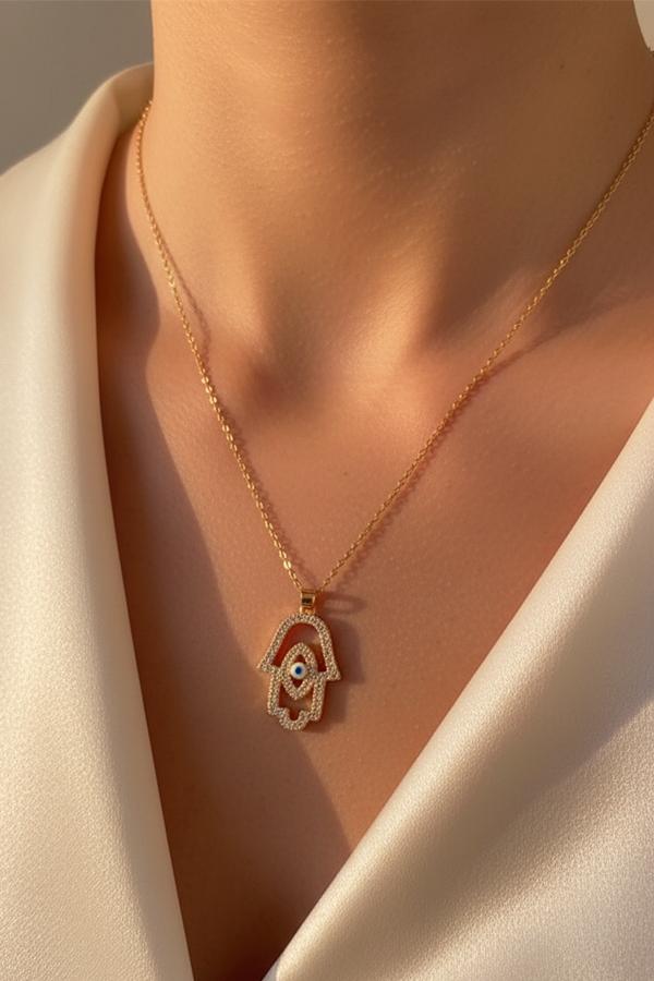 Dazzling Gold Anti-Tarnish Hamsa Hand Necklace with Pave Evil Eye