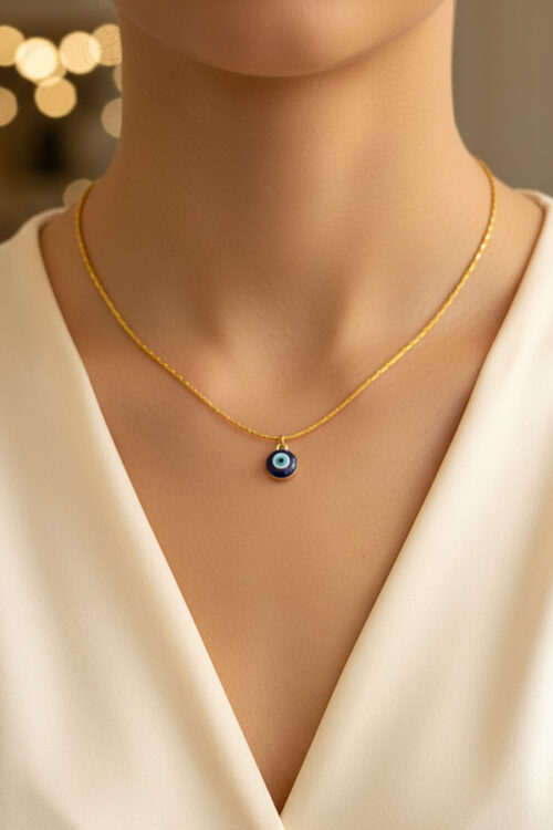 Delicate Gold Chain Necklace with Classic Navy Enamel Evil Eye
