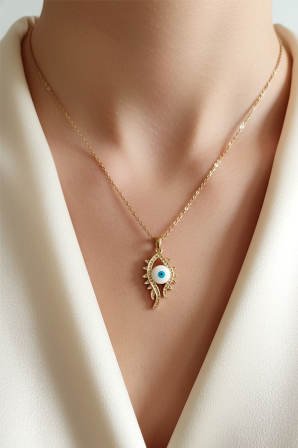 Artistic Anti-Tarnish Gold Swirl Evil Eye Pendant with Pave Crystals