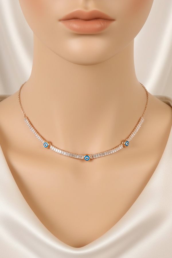 Luxurious Rose Gold Baguette Crystal Evil Eye Choker Necklace