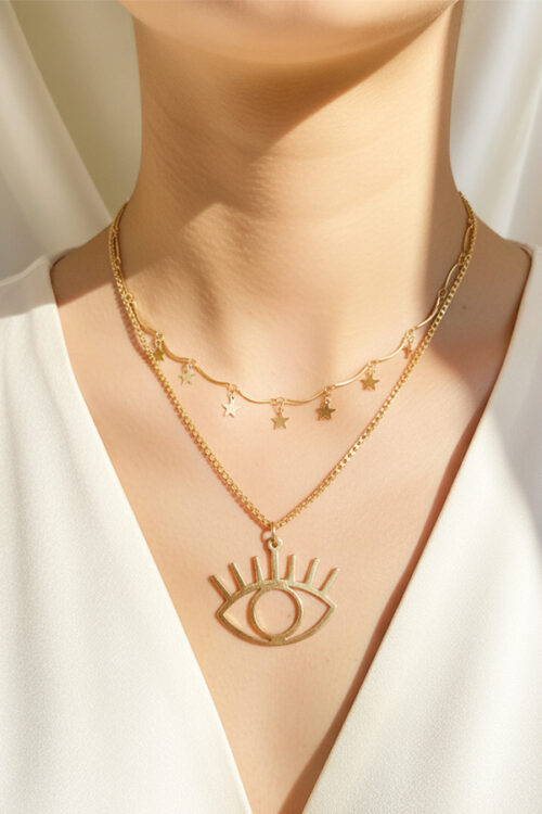 Trendy Gold Layered Necklace with Star Charm & Evil Eye Pendant