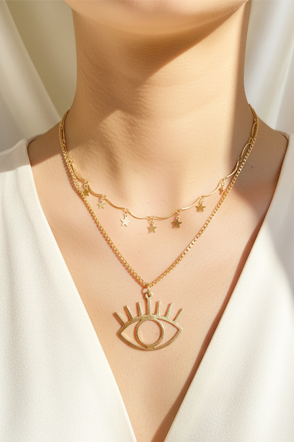Trendy Gold Layered Necklace with Star Charm & Evil Eye Pendant