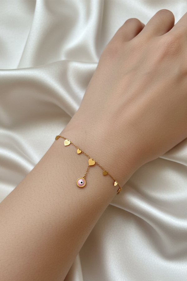 Delicate Anti-Tarnish Gold Heart & Pink Evil Eye Dangle Bracelet