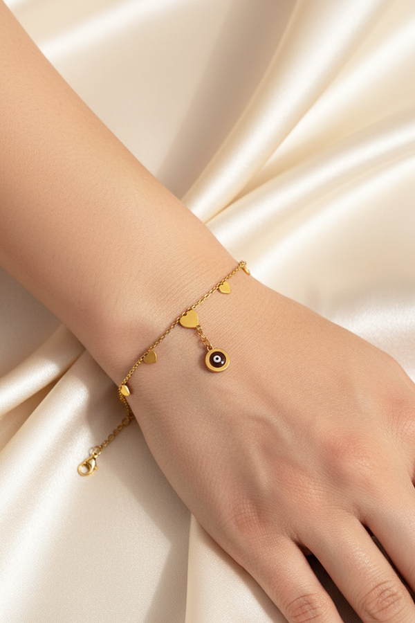 Delicate Anti-Tarnish Gold Heart & Classic Evil Eye Dangle Bracelet