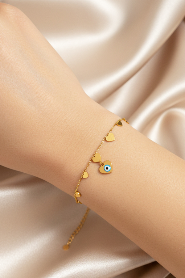 Charming Anti-Tarnish Gold Dainty Heart & Evil Eye Charm Bracelet
