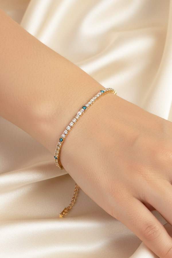 Luxurious Gold Anti-Tarnish Tennis Bracelet with Subtle Evil Eye Accents