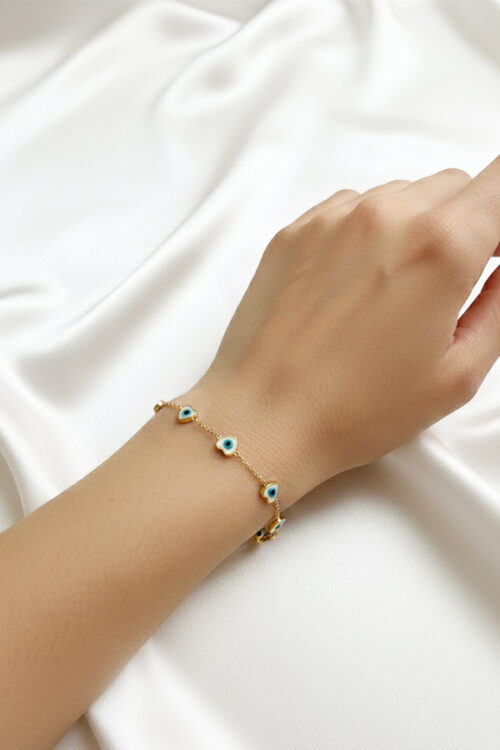 Delicate Gold Anti-Tarnish Floral Chain Bracelet with Micro Evil Eyes