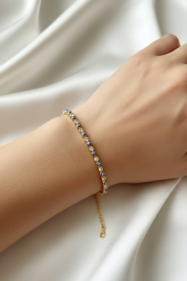 Delicate Gold Anti-Tarnish Tennis Bracelet with Micro Evil Eye Accents