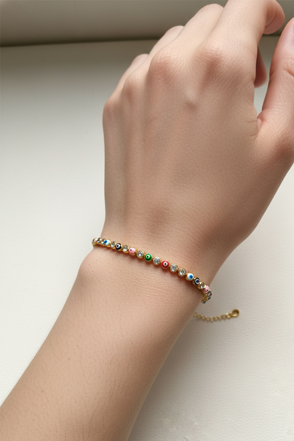 Rainbow Evil Eye & Pave Crystal Tennis Bracelet - Anti-Tarnish Gold Finish