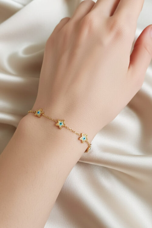 Delicate Gold Anti-Tarnish Star Charm Bracelet with Evil Eye Centers