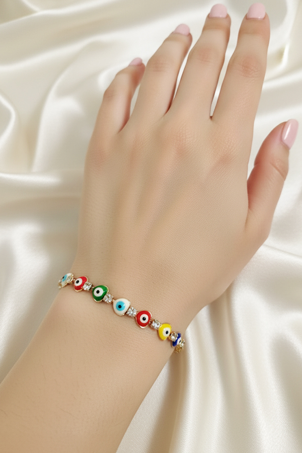 Rainbow Evil Eye & Pave Crystal Link Bracelet - Anti-Tarnish Gold Finish