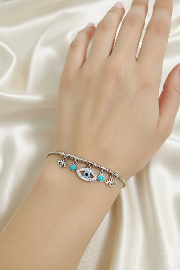 Silver Anti-Tarnish Snake Chain Charm Bracelet with Crystal Evil Eyes & Turquoise