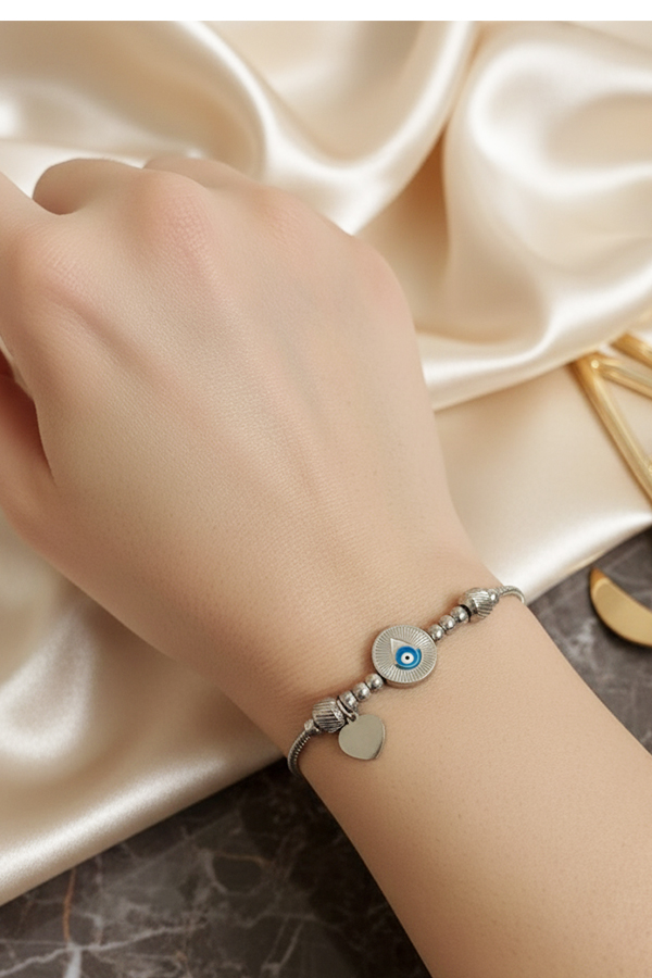 Chic Silver Anti-Tarnish Snake Chain Bracelet with Textured Evil Eye Medallion