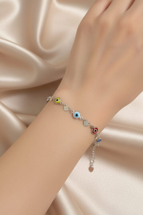 Vibrant Silver Anti-Tarnish Bracelet with Multi-Color Evil Eye Charms