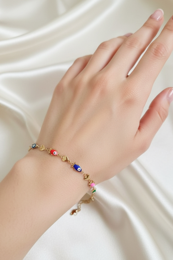 Playful Gold Anti-Tarnish Bracelet with Fish & Heart Evil Eye Charms