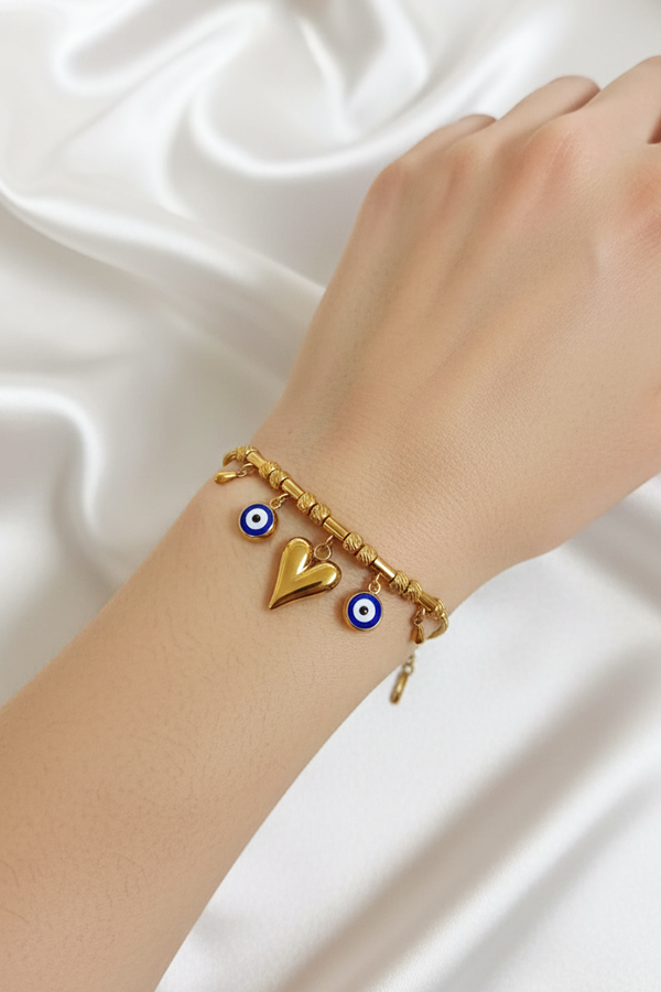 Elegant Gold Anti-Tarnish Bracelet with Bold Heart & Evil Eye Charms