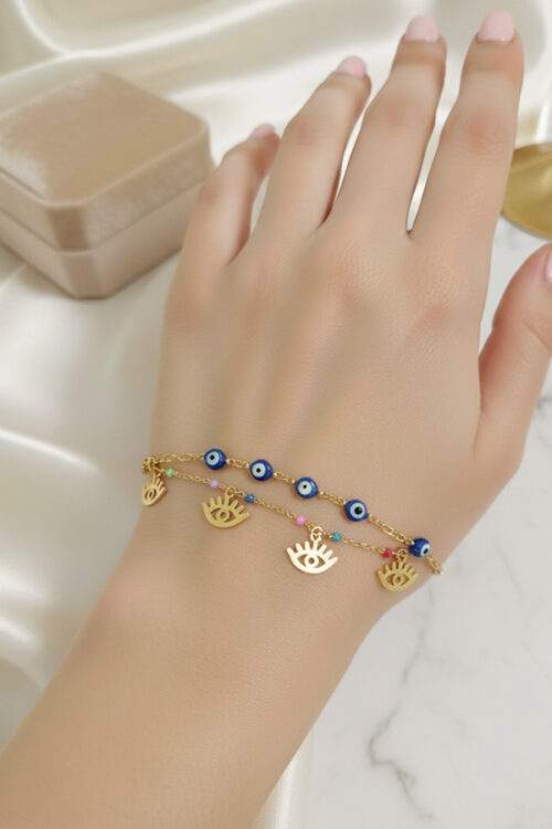 Luxurious Gold Anti-Tarnish Layered Bracelet with Dangle Evil Eye Charms
