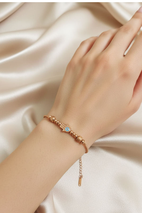 Delicate Rose Gold Anti-Tarnish Hamsa Hand & Evil Eye Bracelet